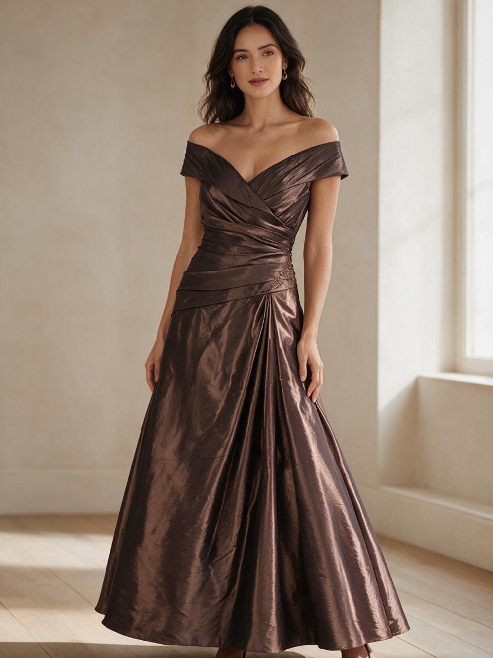 David's Bridal Metallic Chocolate Off-Shoulder Gown